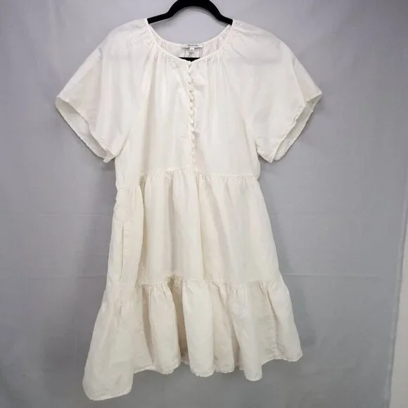 Madewell Tiered Mini Dress Linen Blend Pockets Ivory Size Large Boho Babydoll - Picture 1 of 13